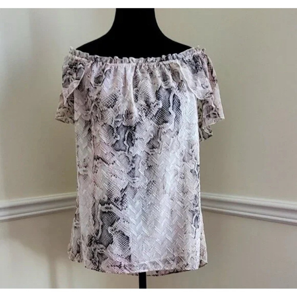 White House Black Market Blush White Peasant Blouse Animal Print Size Small